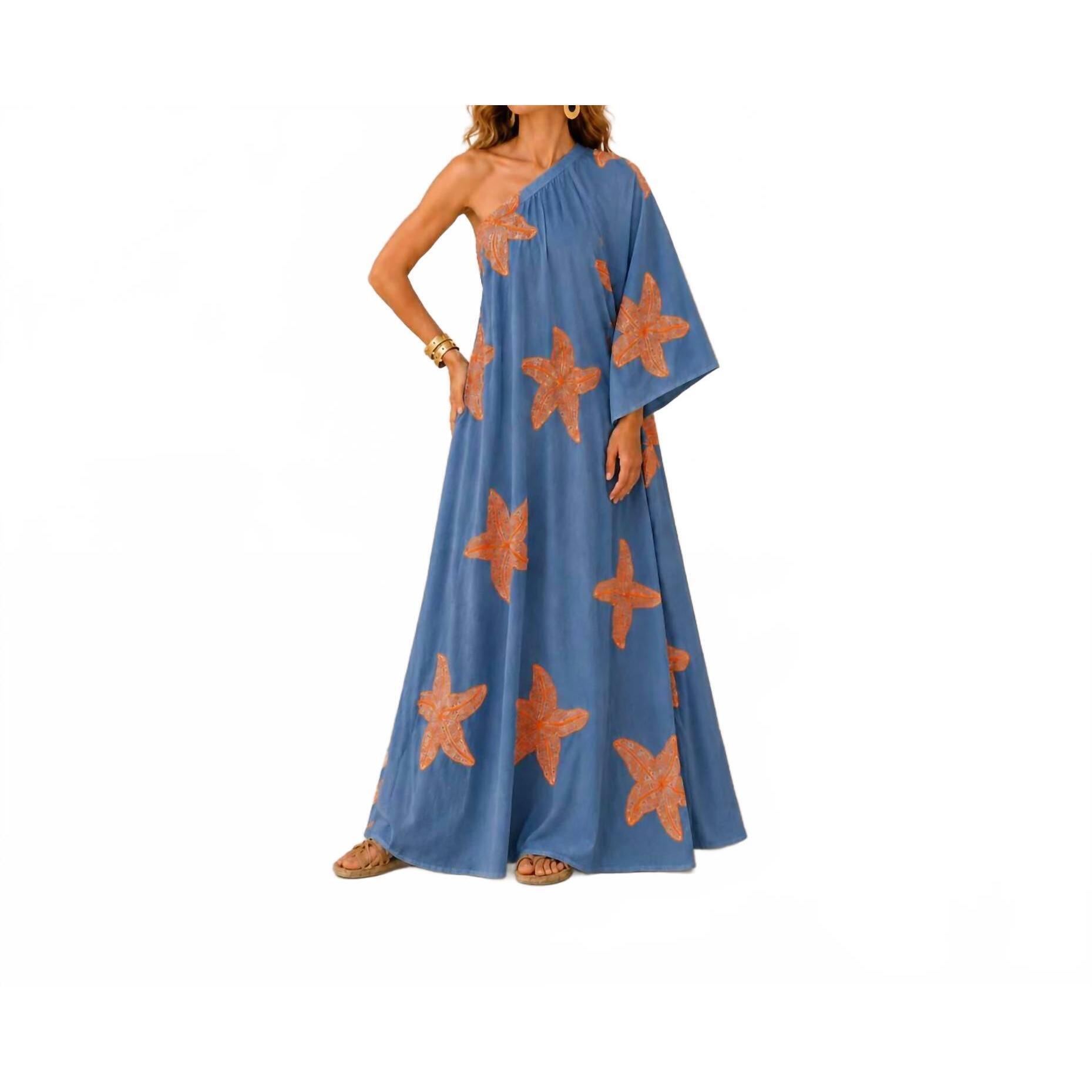 New Mystery Resort Starfish One-Shoulder Caftan Maxi Dress In Blue